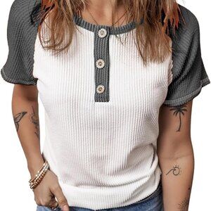 Women's Summer Color Block Short Sleeve T Shirt Casual Button Down Crewneck Henl